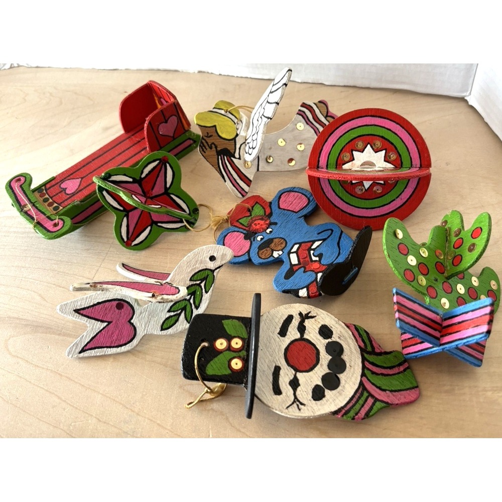 Vtg Christmas Ornament LOT of 8 Hand Painted Wooden MCM Angel Snowman Mouse